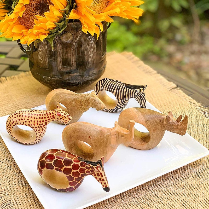 Global Crafts Hand-Carved Mahogany Wood Animal Napkin Rings - Set of Six - Image 2